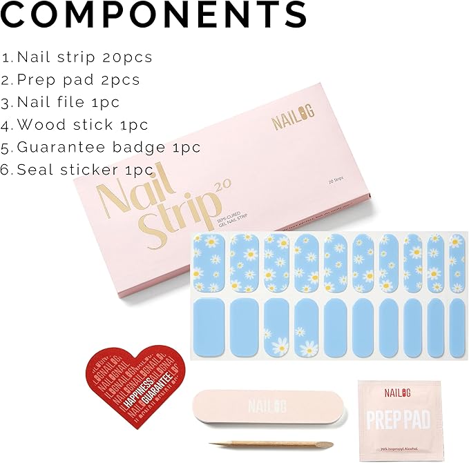 Semi Cured Gel Nail Strips - NAILOG 20 Pcs Blue Flowers Nail Stickers Extra Long Wraps with Glossy Gel Finishing for Spring Summer, Petals in The Wind