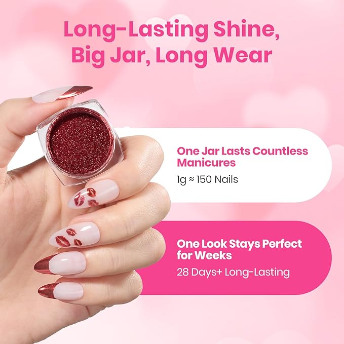 Beetles Valentines Red Chrome Nail Powder Mirror Effect Chrome Powder for Nails Metallic Red Gel Polish Nail Art DIY Decoration Gifts for Women