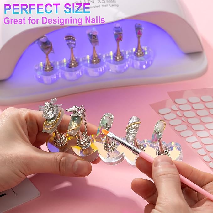 2 Set Nail Stands, Thickened Metal Nail Stand for Press Ons, Aurora Heart Nail Polish Holder for Painting, Fake Nail Display Stand Nail Practice Magnetic Nail Art Tools w/ 100Pcs Reusable Glue Tabs