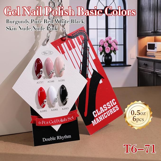 Double Rhythm 6 Pcs 15 ML Gel Polish Set Same Color Same Bottle Soak Off Gel Polish Kit Nail Art Manicure Salon DIY at Home for Women (Black White Red Nude Burgundy Peach-T6-71)