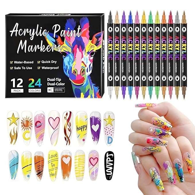 24 Colors Nail Art Pens Set Nail Art Markers Point Graffiti Dotting Pen 12 Pcs Double-Ended Nails Polish Pens for Nails Art Quick-Drying Acrylic Nail Doodle Pens for DIY Manicure Tools