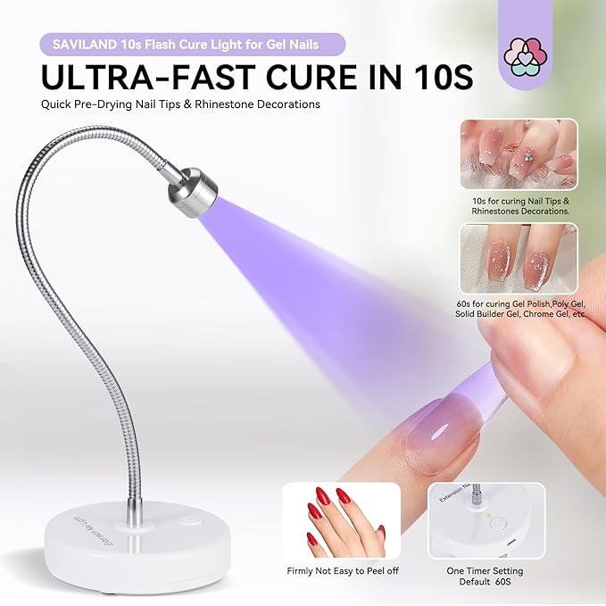 SAVILAND Gooseneck UV Light for Gel Nails: Touch Switch 12W U VNail Lamp 5S Quick Drying LED Flash Cure Lamp Rechargeable Gel Flash Cure Light 3 Timers Setting 360° Adjustable Home Salon Manicure