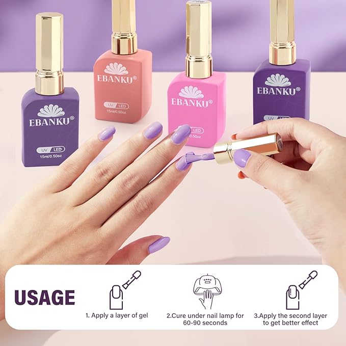 EBANKU 6 Pcs Pink Gel Nail Polish Set, 15ML Same Color Same Bottle Valentine's White Purple Soak Off Gel Nail Polish Kit Nail Art Manicure Gifts for Women