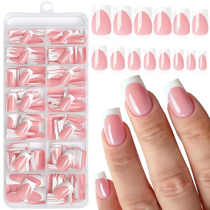 280pc French Tips Press on Nails Medium Square Fake Nail with Glue Tabs, French Tips Glue on Nails Press on Nail Square Acrylic Nails Medium Artificial Fingernails Women Girls Nude Pink False Nails