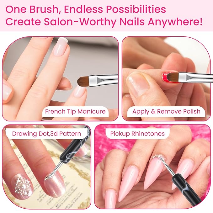 French Nail Brush Set, 4Pcs 2 Way Dotting Tool and French Tip Brushes Gel Acrylic Nail Art Design Pen Professional Manicure Tool Nail Clean Up Brush For Detailed Design, Size 10#,12#, 14#, 16#