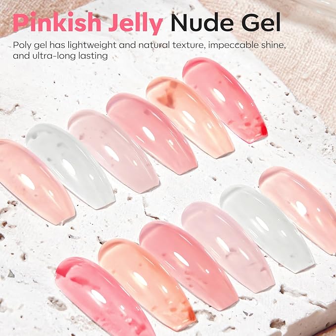 modelones Poly Nail Gel Set, 6 Colors Jelly Nude Pink Poly Extension Gel Transparent Nail Enhancement Set Sheer Builder DIY Manicure Design Spring Summer Home Salon
