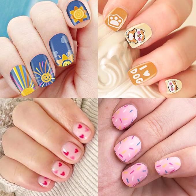 8 Sheets Kids Nail Stickers Full Nail Wraps for Girls, Cute Strawberry Rainbow Unicorn Bear Designs 3D Self-Adhesive Nail Art Decals Holiday Colorful Manicure Decorations for Age 7 and Older