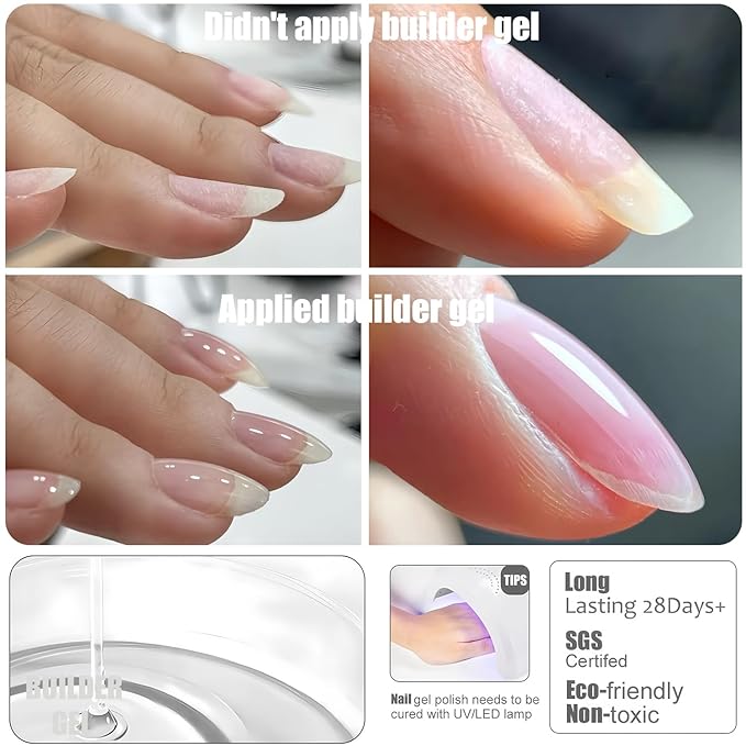Vishine 2 Pcs Clear Builder Gel 8-in-One Clear Gel Builder for Nail Thickening Natural Nails Transparent Extension Hard Gel Polish Rhinestone Glue for Nail Art Base Coat Needed 16ml