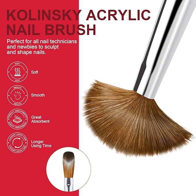 4PCS Acrylic Nail Brush Set, Kolinsky Hair, Oval Crimped Pressed Shaped, Size 6/8/12/16 - Red Metal Handle Professional Manicure Powder Brush for DIY Home Salon