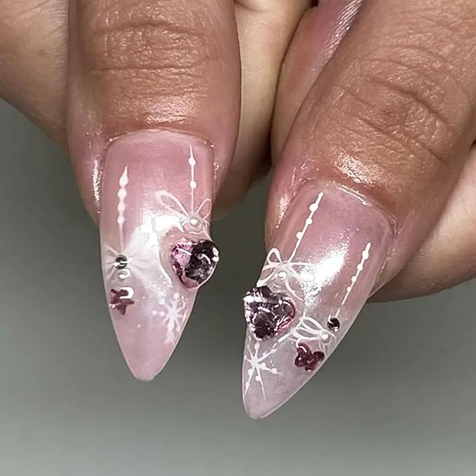 Pink Press on Nails Long Almond Cute Rabbit Bow Heart Rhinestones Fake Nails Press ons Pink French Tip Pearls Glitter Handmade Glue on Nail Acrylic Glossy Stick on Nail for Women Girls 24 Pcs