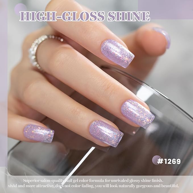 RARJSM Light Purple Glitter Gel Nail Polish Blue Green Big Rainbow Flakes Finish Shimmer Gelpolish 15ml Soak Off Sheer Jelly Tone Color Home Salon French Manicure Varnish Curing Requires