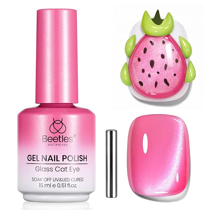 Beetles Pitaya Glow Pink Cat Eye Gel Nail Polish - 15ML Glitter Pink Cat Eye Spring Gel Polish Magnetic Shimmer Effect Soak Off UV Nail Art Design Salon DIY Manicure Gift for Women
