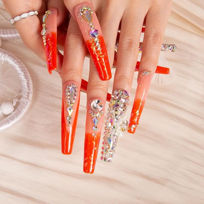 LOVFUL Press on Nails Sleeping Beauty | Handmade with Full Covered Crystals | Reusable Full Cover Nails | Coffin Long 2.2 in | H74-S
