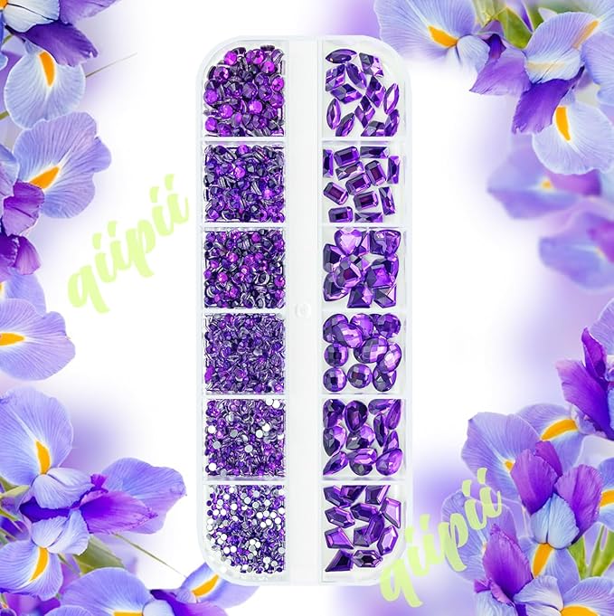2052Pcs Purple Violet Nail Rhinestones Glass Dark Purple Rhinestones for Nails 72 Multi Shapes Big Gems +1980 Flatback Round Beads Crystals Diamonds Jewels Nail Art Charms for Faces Eyes Makeup