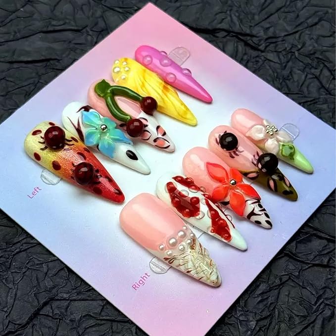Handmade Press on Nails Long Stiletto Fake Nails 5D Colorful Flower Charms False Nails Summer Seashell Glue on Nails Cherry French tip Handmade Nail for Women Girls Daily Wear Manicure 10pcs Size L
