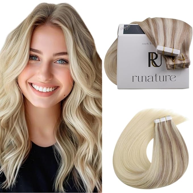 RUNATURE Tape in Extensions Human Hair Balayage, Real Human Hair Tape in Extensions, 16 Inch Ombre Blonde Tape in Hair Extensions, Full Head Natural Hair, Ash Blonde Fading to Light Blonde 50g 20pcs