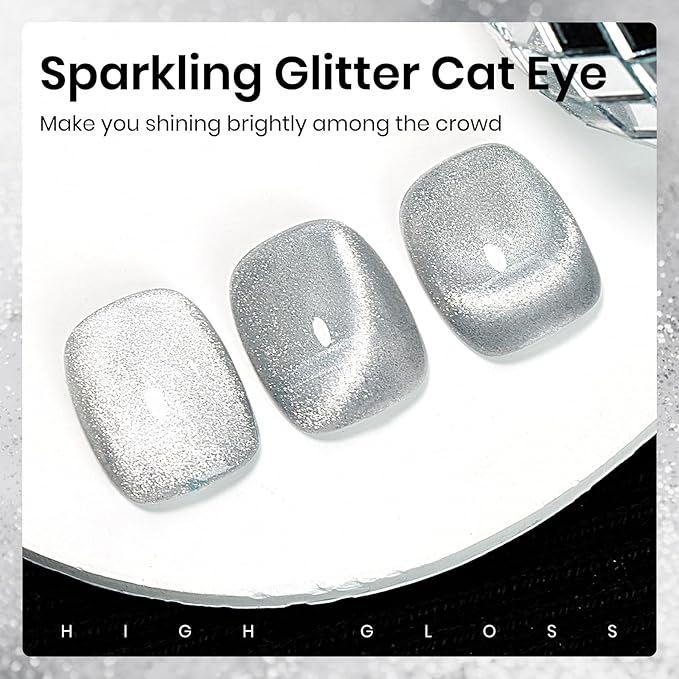 MIZHSE Cat Eye Gel Nail Polish Silver Glitter Cateye with Magnet, Holographic Crystal Shimmer Magnetic U V LED Soak Off Gel Polish for Home DIY Manicure