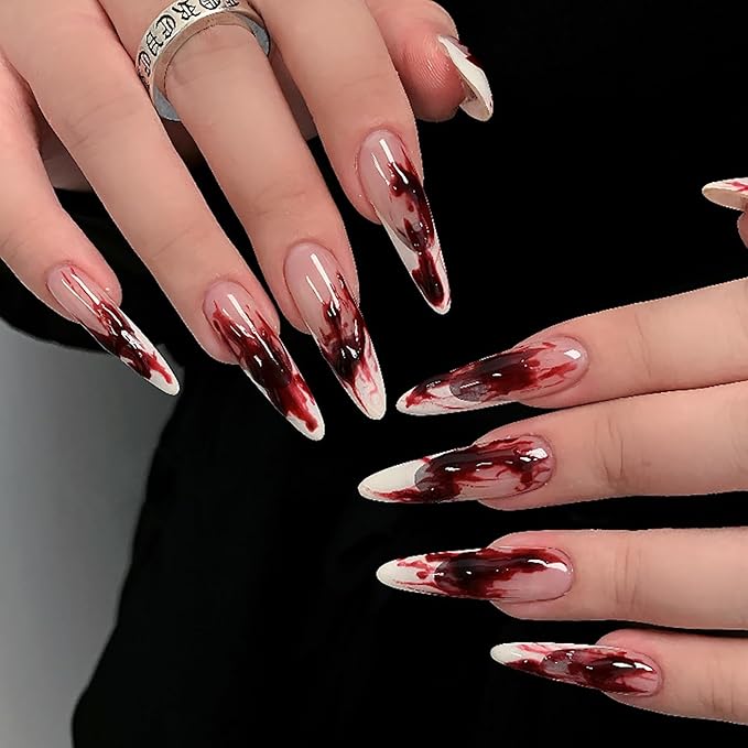 Halloween French Press on Nails, Long Stilettos Fake Nail, Glossy Acrylic False Nails, Stick on Nails with Blood Stains Designs, Glue on Nails for Women and Girls 24Pcs
