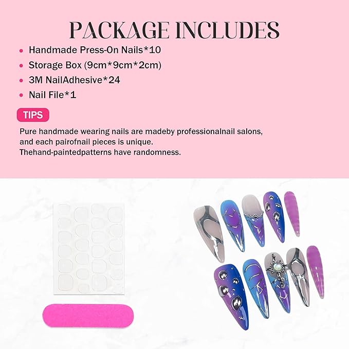 10Pcs Blue Handmade False Nails Long Almond Press on Nails Ombre Fake Nails with 3D Swirl and Charms Design Acrylic Nails Press Ons Luxury Reusable Stick on Nail for Women (Size M)