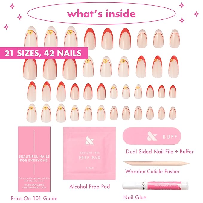 Olive & June Instant Mani Press-On Nails (Glue) | 42 Fake Nails, 21 Sizes | Non-Toxic, Long-Lasting Recycled Materials Realistic Look | Salon-Quality at Home | Medium, Almond | I Heart Pizza French