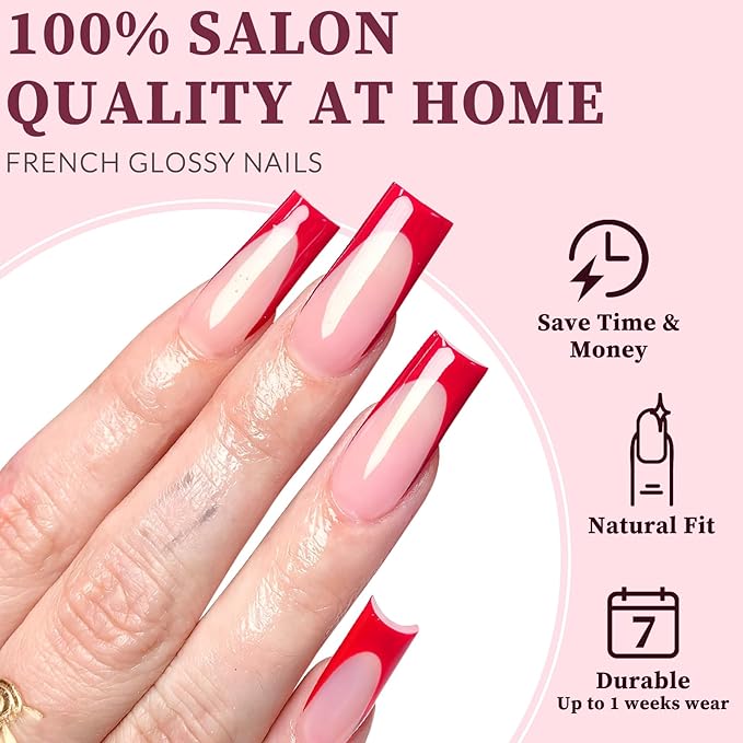 120PC Red French Tip Press on Nails Medium Fake Nails Press ons with 5*Adhesive Tabs, Pink Square Acrylic Nail Press on Nail French Tip Nails False Artificial Fingernails Stick on Nails-D