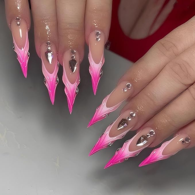 Rchvosam xxl French Tip Press on Nails Extra Long Almond False Nails Press Ons 3D Stripe Diamond Design Fake Nails Full Cover Acrylic False Nails Gift for Women 24pcs