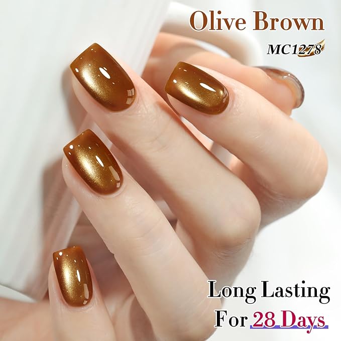 Double Rhythm 0.5 Oz Cat Eye Gel Polish with Magnet Same Color Same Bottle Holographic Glitter Shimmer Translucent Color Salon 15 ML Magnetic Nail Art (Olive Brown-MC1278)