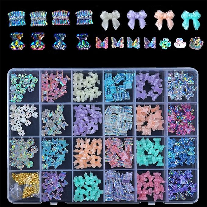 1 Box 3D Cute Bear/Bow Ties/Butterfly Resin Nail Art Decorations Aurora Flowers Designs Holographic Nails Ornaments Skirt Nail Supplies for Nails Glitter DIY Manicure Accessories