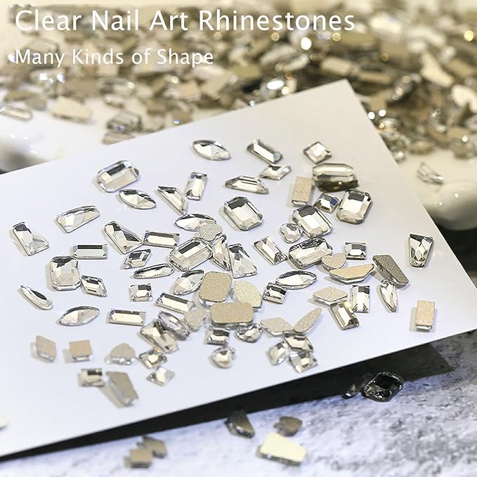 18 Types of 900 Special-Shaped Clear Nail Diamonds + 3200 Flat-Bottomed Nail Rhinestones, Nail Crystal Rhinestones Set with Tweezer + Pickup Pen