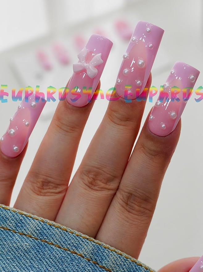 Euphrosyne Long Oval Gold & White Press On Nails – 10pcs Fake Nails with Stars, Hearts & Rhinestones | Festive Stick-On Nails for Christmas, New Year or Party Look