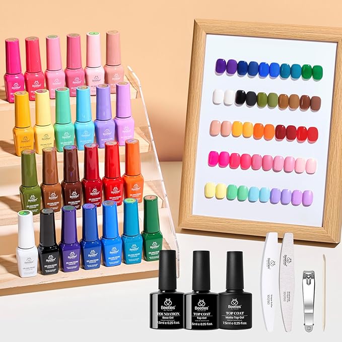 Beetles Gel Nail Polish - Seasons Impressions Collection, 25 Colors Uv Gel Nail Kit Brown Burgundy Black White Red Pink Nude Green Purple Blue Glossy Matte Glitter Top Base Coat Gifts for Women