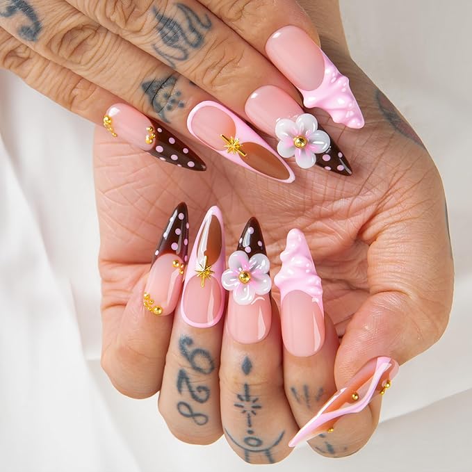 LOVFUL Short French Tip Press on Nails Berry Mocha | Handmade Acrylic Press ons| Reusable Fake False Nails | Stiletto Classic Regular 1.3in | H700-L