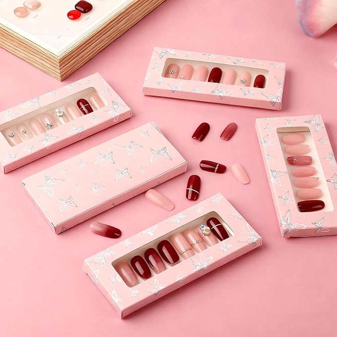 ANGNYA 72PCS Empty Press On Nail Packaging Box Contains 35PCS Butterfly Press On Nail Boxes, 35PCS White Display Cards, 2PCS Double Sided Tapes, Nail Tip Storage Case for Press-on Nail Business