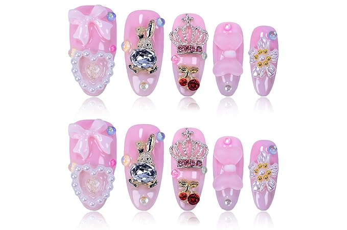 24Pcs Handmade Press on Nails,3D Pink Bow Medium Length Almond Shape Fake Nails with White Flower,Cute Manicure Kit for Women and Girls