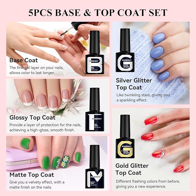 Phoenixy Gel Nail Polish 30 PCS Gel Nail Polish Set Dark Color Collection Manicure Set for Women Matte Silver Gold Glitter Top Coat Gifts for Women - PCB9042