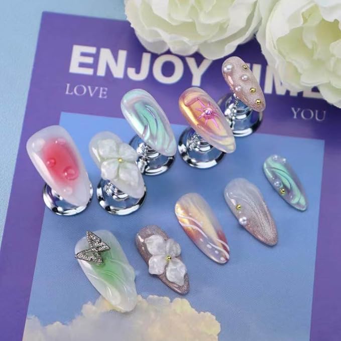 3D Floral Press on Nails Medium Almond Fake Nails Pure Handcrafted Nail Aurora Ombre Nail Press ons with Butterfly Design Stick on Nail for Women Spring Manicure(S)