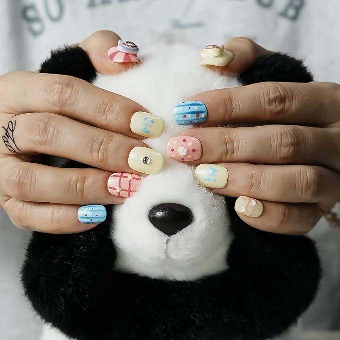 Cartoon Press on Nails Extra Short Square - 3D Cute Charms Design, Colorful Mini Figure False Nails for Women and Girls (Cartoon-B,S)
