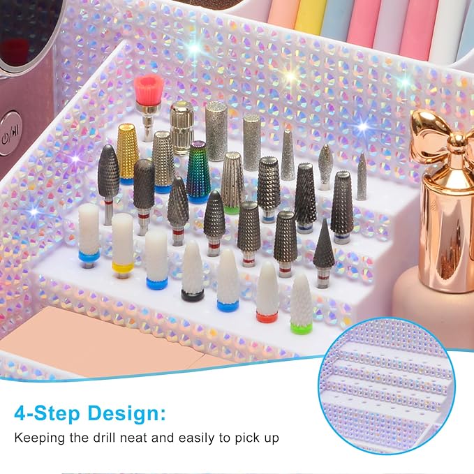 ANRUI Nail Drill Bit Holder, 28 Holes Plastic Nail Drill Machine & Bits Storage Case, Professional Nail Desk Organizer for Manicure Tools Gift for Women and Girls- Sparkling Diamond