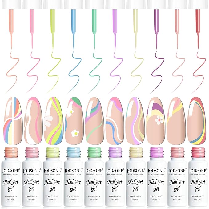 JODSONE 5ml Nail Art Gel Liner Set 10 Colors Gel Nail Polish Need U V Lamp Cured with Thin Brush Gift for Girls at Home Salon Design,Pink Red Blue Purple