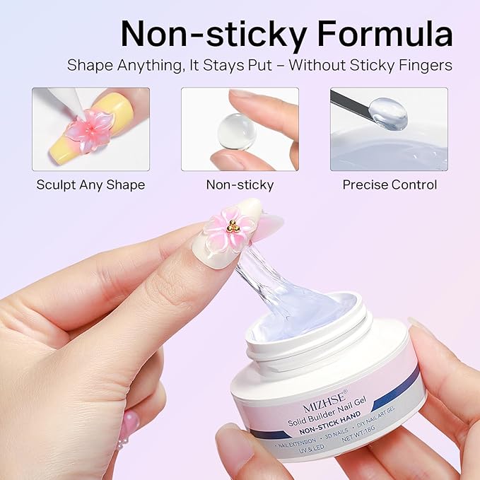 MIZHSE Clear 3D Gel Nail Art Solid Builder Gel for Nails, 5 in 1 Non-Sticky Sculpture Hand Carving Nail Extension Gels with 24pcs Dual Form for 3D Patterns Flowers for Beginner DIY Salon at Home