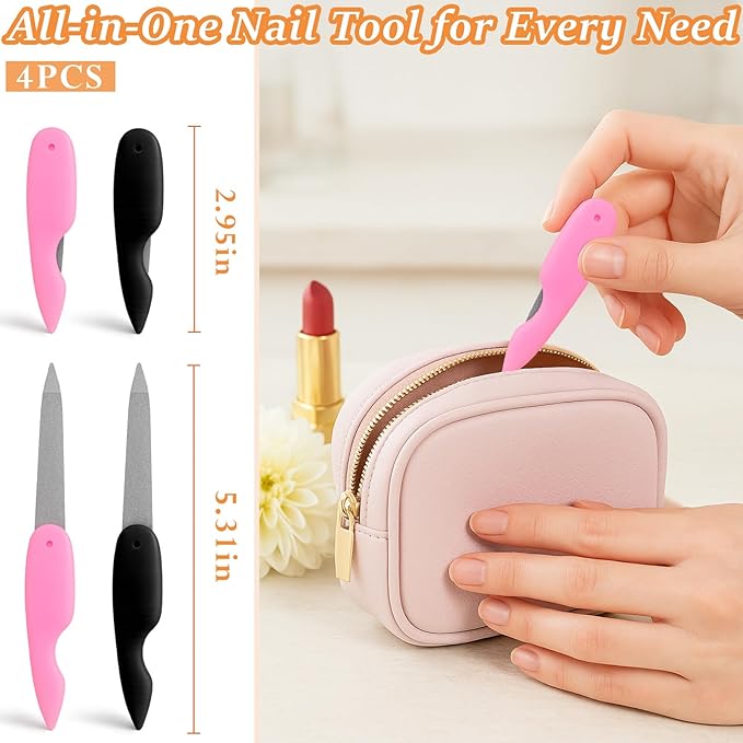 4PCS Folding Metal Nail Files – Stainless Steel Double-Sided Cuticle & Nail Care Tools for Men and Women (2 Pink + 2 Black)