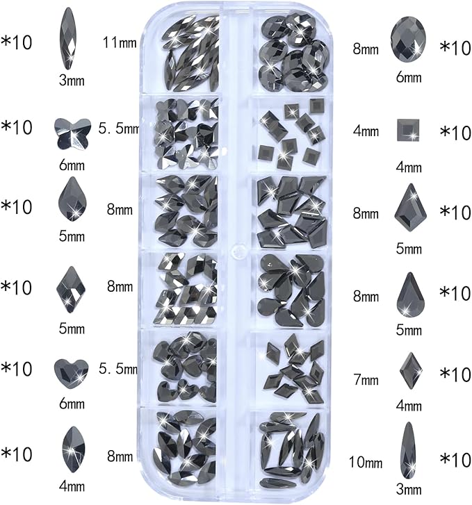 Nail Rhinestones - 3D Multi Shape Size, Flat Back, Crystals Manicure Rhinestones Charms, Mineral Gray Nail Gems, with Kit, for Nail Art, Bedazzling Acrylic Nails, DIY Decor