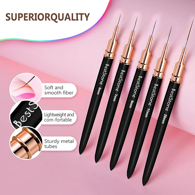 Nail Art Liner Brushes, 5Pcs Professional Gel Polish Painting Art Design Pen Set for Long Lines, Thin Details, Fine Drawing Sizes 5/7/9/11/20mm Nail Art Design Gift for Women(Black)