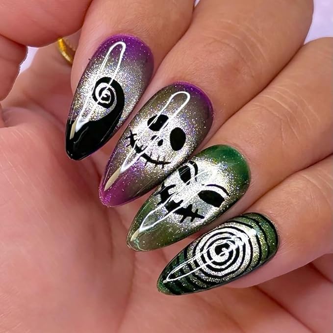 24 Pcs Halloween Almond Press on Nails, Glossy Fake Nails with Funny Skull & Swirl Design, Full Cover False Nails, Acrylic Stick on Nails for Women Girls Nail Art Manicure Decor