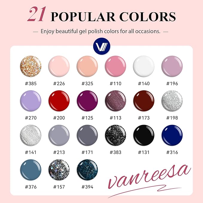 VANREESA 24 Pcs Gel Nail Polish Set, 21 Colors Gel Polish with Base Coat Glossy & Matte Top Coat Nude Pink Red Purple Gray Blue Glitter Gel Polish Kit Nail Kit Gifts for Women Girls