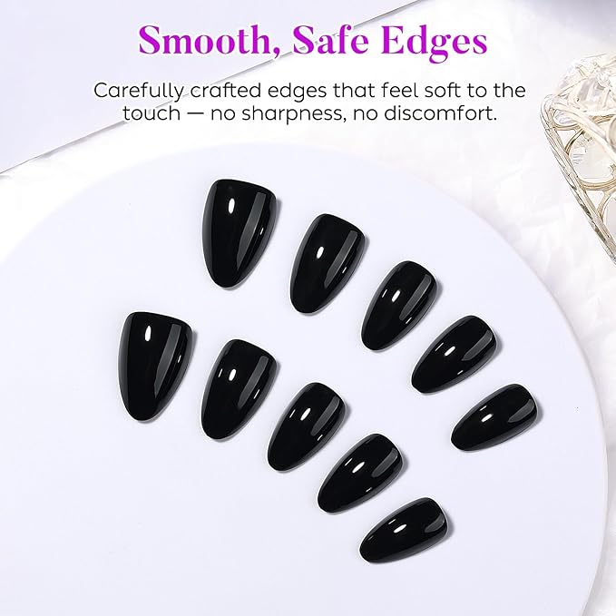 Luxbon Press On Nails with No-Cure Nail Glue and Tool Kit – Almond Acrylic Stick On Nails Soft Gel Tips 30-32pcs Full Size Set, Reusable Fake Nails for Women, Black