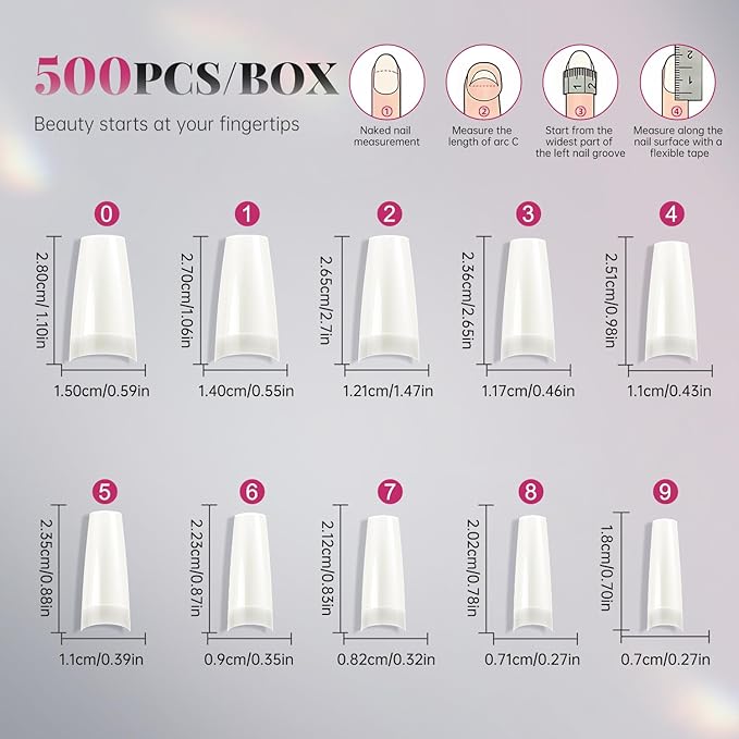 krofaue 500PCS Soft Gel False Nails Tips - Half Cover Acrylic Nail Tips 10 Sizes Lady French Style Acrylic Artificial Tip Manicure with Box for Nail Tips Art Salons and Home DIY