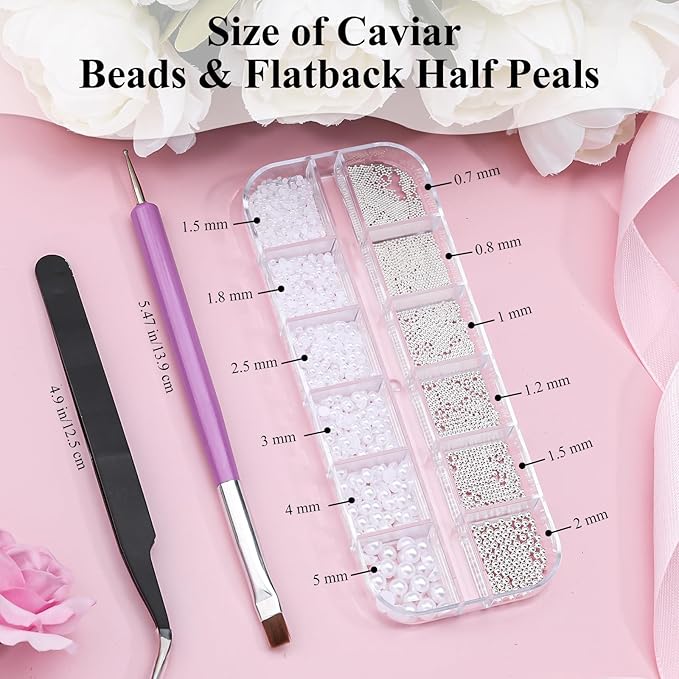3D Mini Small Caviar Nail Beads Balls, 0.7-2mm Silver Nail Art Beads 1.5-5mm White Nail Pearls Half Round Flatback Pearl Nail Charms with Pickup Tools for Nails Face Eyes Makeup(31-K1-4)