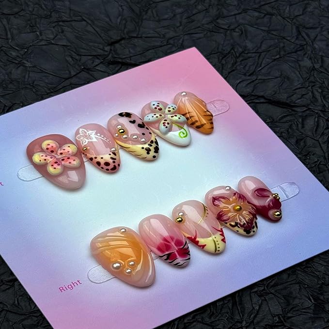 100% Handmade Press on Nails Medium Almond Handmade Nails with Yellow Flower Design Pearl Rhinestones Fake Nails Glossy Ombre Nail Press ons Reusable Spring Summer Acrylic Nails for Women Size M 10Pcs
