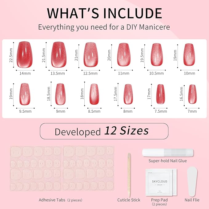 Skycloud Red Cat Eyes Press On Nails: 24-Pcs Soft Gel Medium Coffin Nails Kit, 12 Sizes, Reusable Stick Nails